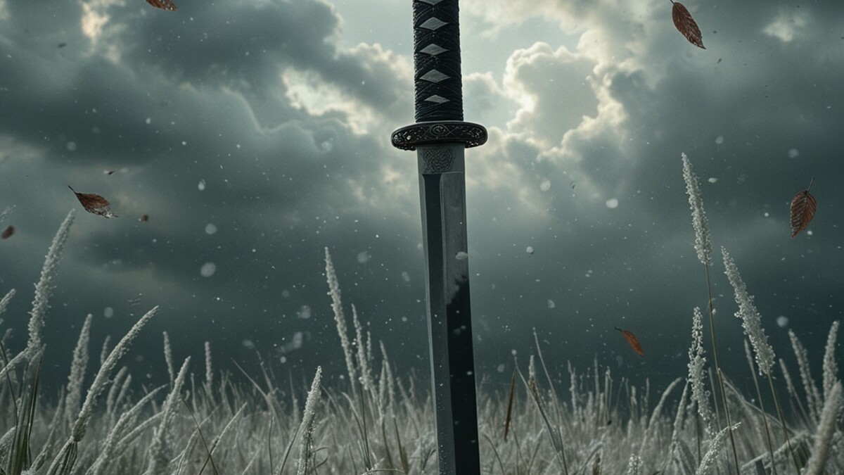 A sword with a black hilt standing upright in a field of white feathery plants. The sky above is stormy, filled with dark clouds and falling leaves, creating a dramatic and moody atmosphere. 