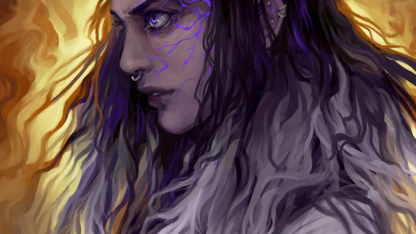 Portrait illustration of a young white-skinned woman looking tense or angry; she has long, fuzzy hair that goes in a gradient from black at the top to white at the bottom and purple glowing lightning scars on the side of her face; the background resembles flames