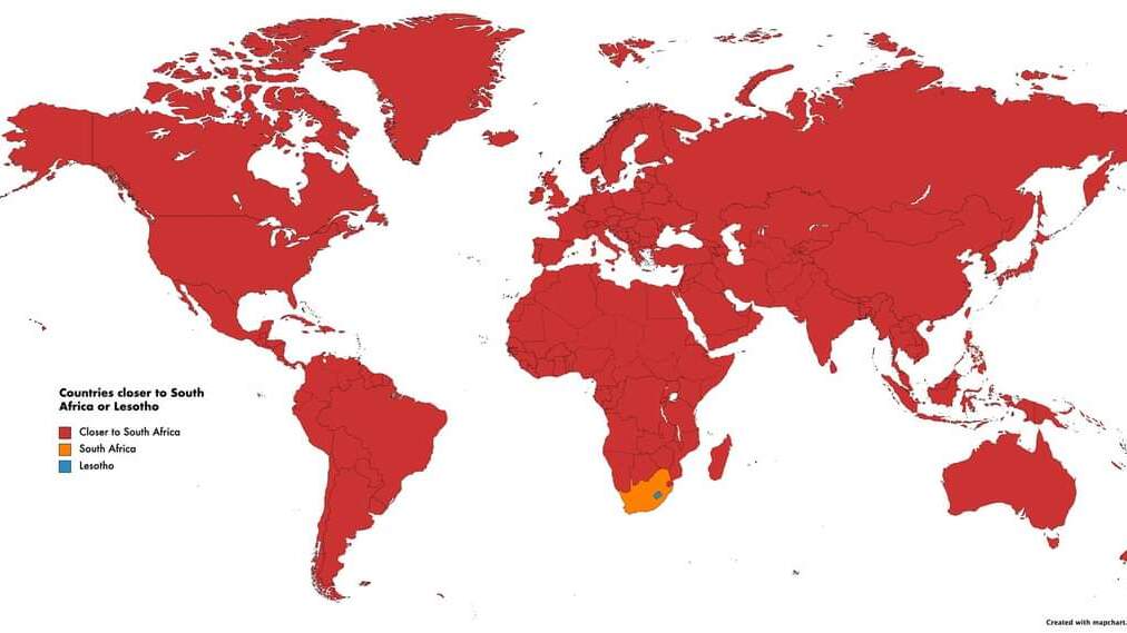 World map titled "Countries closer to South Africa or Lesotho" with South Africa and Lesotho highlighted