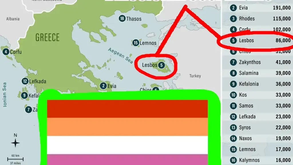 Map of Greece with the island of Lesbos labeled as "delusional cosplayers", while the lesbian pride flag is labeled "real lesbians".