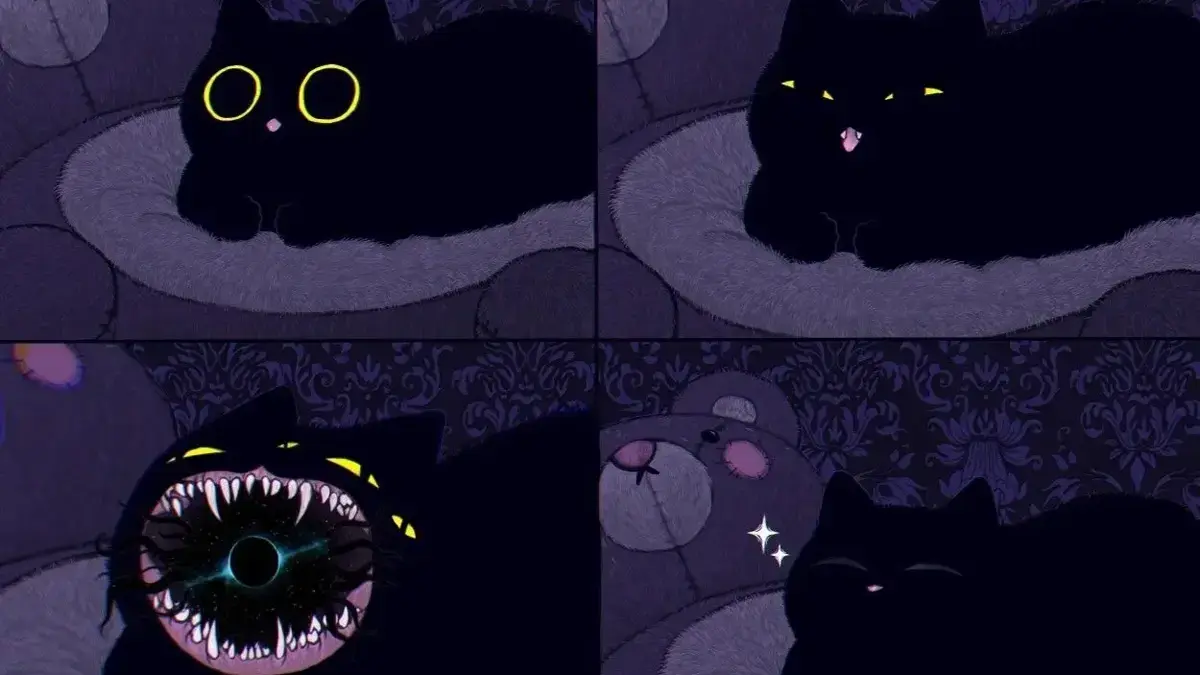 4 panel comic featuring a black cat. In the 1st panel its eyes are open wide and its tongue is sticking out a bit. In the 2nd panel its eyes have started narrowing and mouth opening a bit. In the 3rd panel its mouth is agape, revealing a mouthful of monstrous teeth with black tentacles curling out of what looks like a black hole in the depths of its mouth, and it now has 4 eyes around its gaping maw. In the 4th panel it looks like a normal kitty again, eyes closed and looking contented