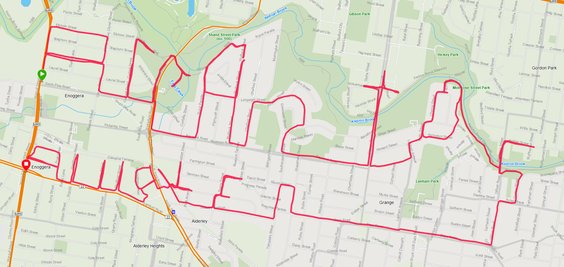 A map of Enoggera to Gordon Park, showing a GPS-traced course along streets and paths spelling out the text "Arkantos Awaken".