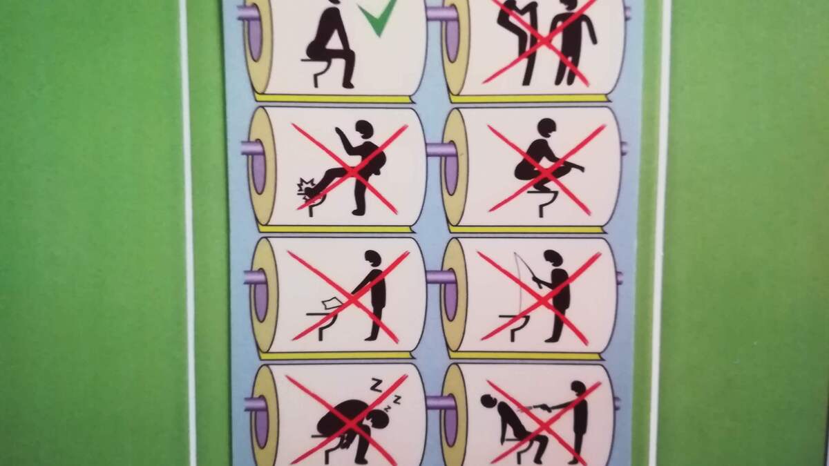 (In russian) "PROPER TOILET USE": 1: Sit correctly ✓. 2: Locking up the separation wall x. 3: Kicking the toilet x. 4: Stand up on the toilet x. 5: Throwing paper to the toilet x. 6: Fishing in the toilet x. 7: Sleeping on the toilet. 8: Shooting people who use the toilet. 