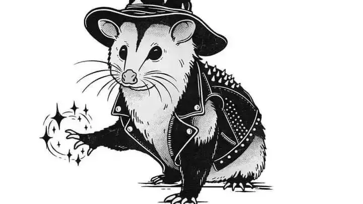 Illustration of an opossum wearing a wizard hat and a leather jacket with metal studs. Its other front paw is up and there's magical-looking sparkles around it. Text below the illustration reads "I have no idea what I'm doing…"