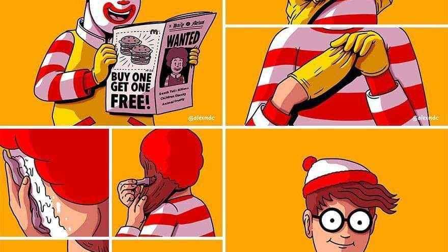 Ronald McDonald taking off their makeup and cloths to become where's Wally